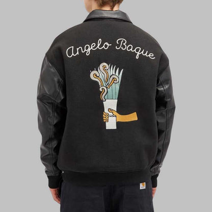 Black varsity jacket with faux leather sleeve detail for men