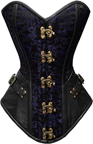 Blue Brocade & Black Faux Leather Overbust Corset