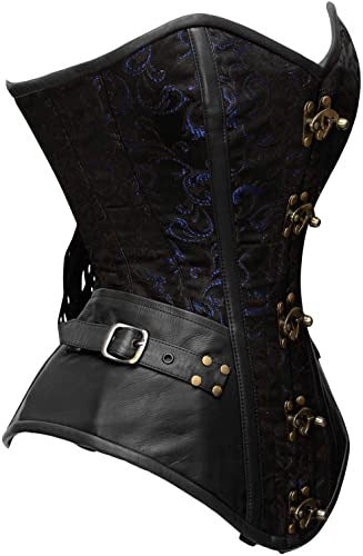 Blue Brocade & Black Faux Leather Overbust Corset