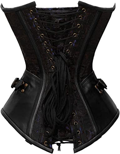 Blue Brocade & Black Faux Leather Overbust Corset