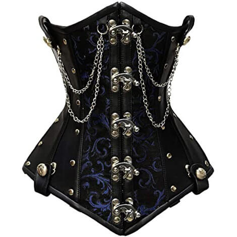 Blue Brocade & Faux Leather Underbust Corset With Chain Details