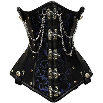 Blue Brocade & Faux Leather Underbust Corset With Chain Details