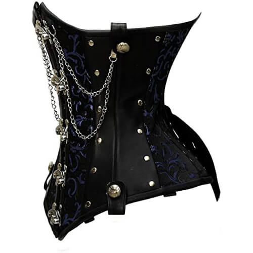 Blue Brocade & Faux Leather Underbust Corset With Chain Details