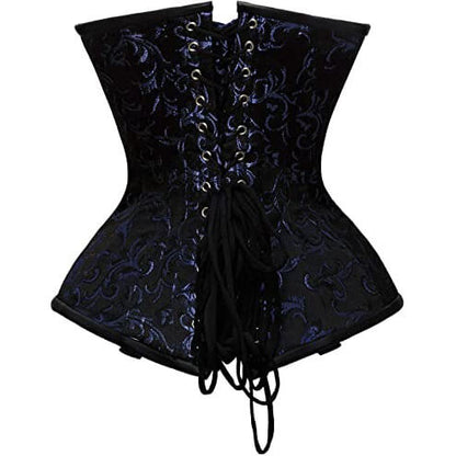 Blue Brocade & Faux Leather Underbust Corset With Chain Details