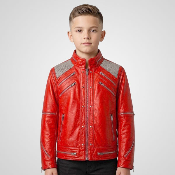 Boys red leather jacket in vintage 80s biker style
