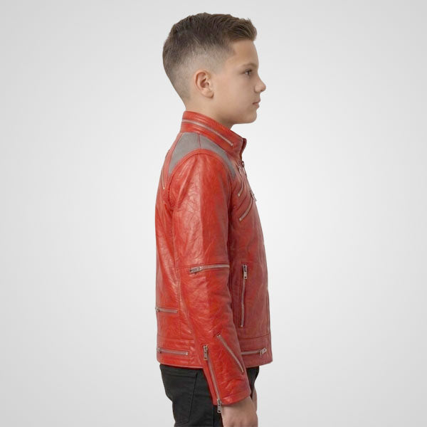 Boys vintage red leather jacket with zipper details