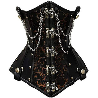 Brown Brocade & Faux Leather Underbust Corset