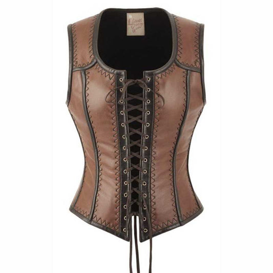 Women’s Brown Leather Corset Vest Steampunk Bodice - 3amoto shop