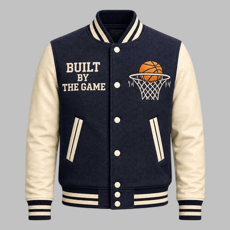 Built By The Game basketball varsity jacket in navy and cream