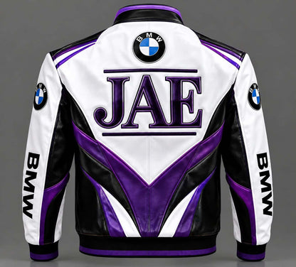 Men White Purple BMW Racing Leather Jacket