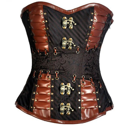 Coffee Brocade & Faux Leather Steampunk Corset