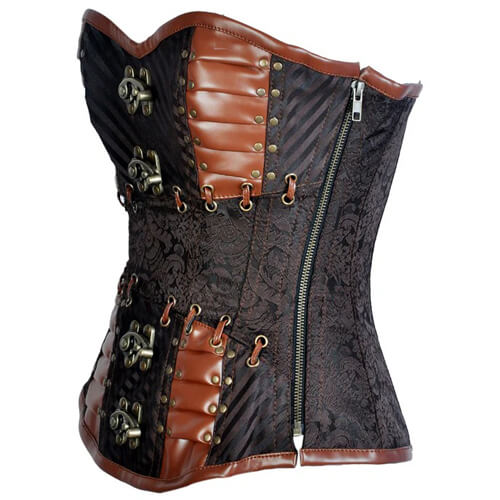 Coffee Brocade & Faux Leather Steampunk Corset