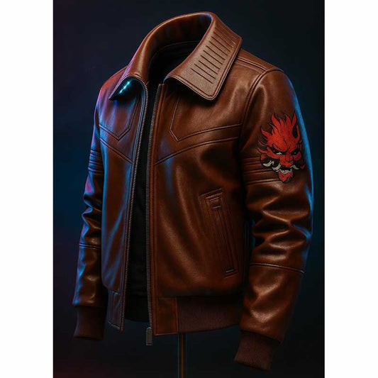 Cyberpunk V Samurai Brown Leather Bomber Jacket for Men - 3amoto shop