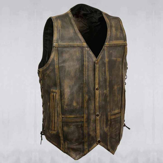 Distressed Brown 10-Pocket Vest - Fashion Leather Jackets USA - 3AMOTO