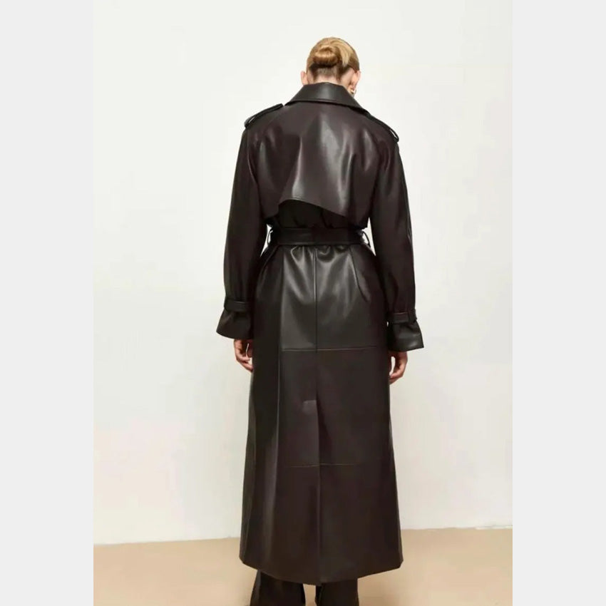 Exclusive Design Long Chocolate Leather Trench Coat