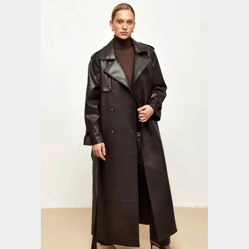 Exclusive Design Long Chocolate Leather Trench Coat