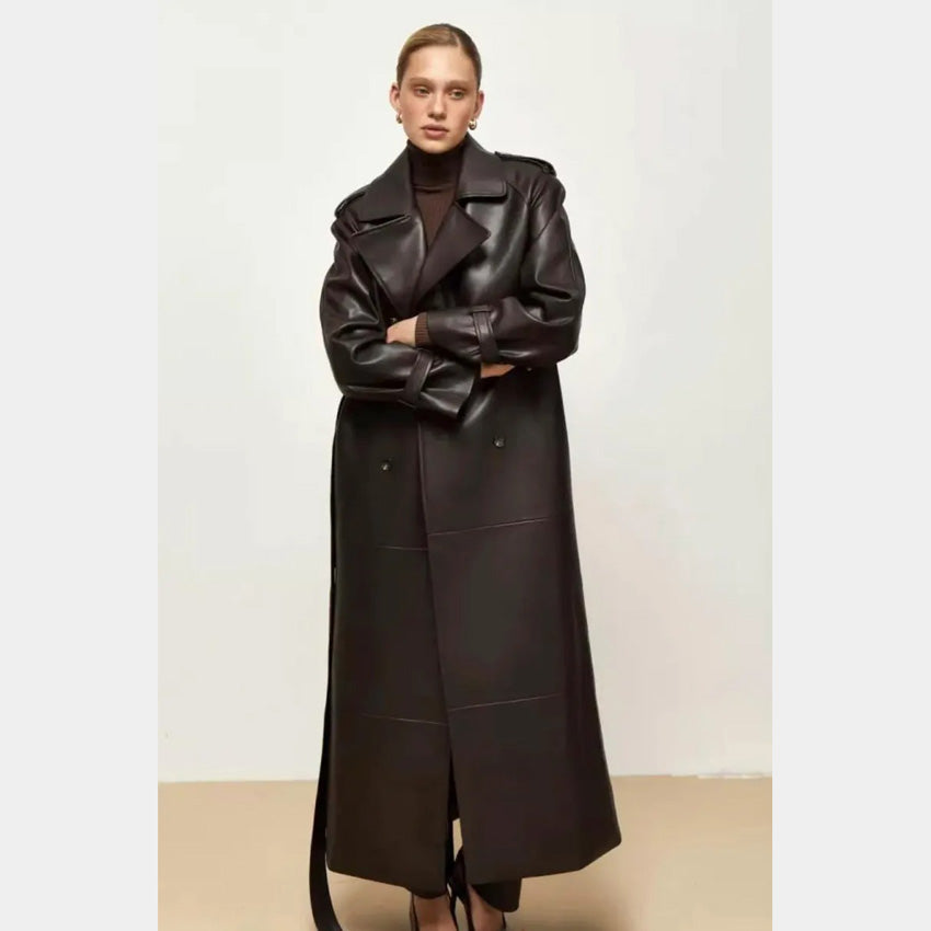 Exclusive Design Long Chocolate Leather Trench Coat