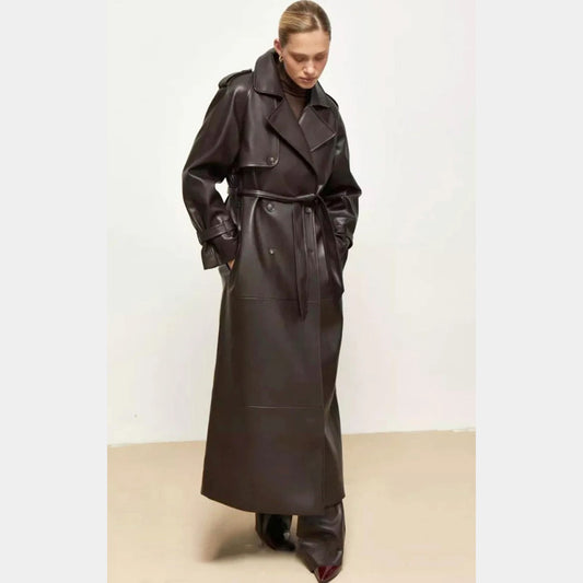 Exclusive Design Long Chocolate Leather Trench Coat - 3amoto shop