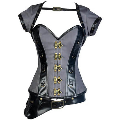 Taffeta & Faux Leather Overbust Corset With Jacket