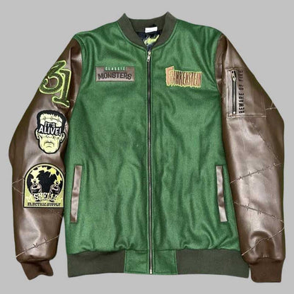 Frankenstein monster varsity jacket with green wool body