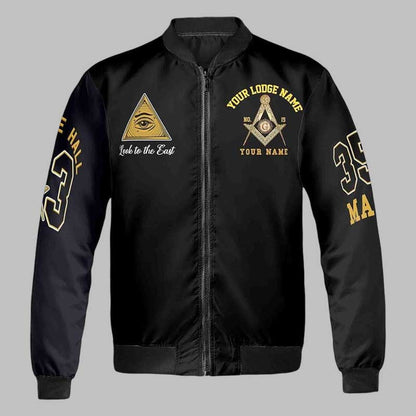 Front view of black gold Masonic bomber jacket for men