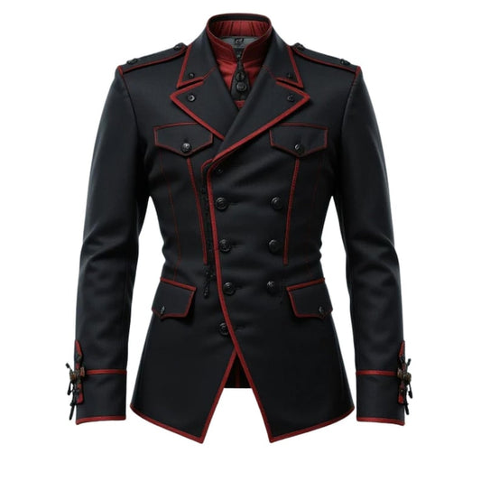 Gothic Military Style Men Coat Black With Red Piping - 3amoto shop