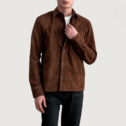 Handmade Brown Suede Shirt Jacket for Men front view