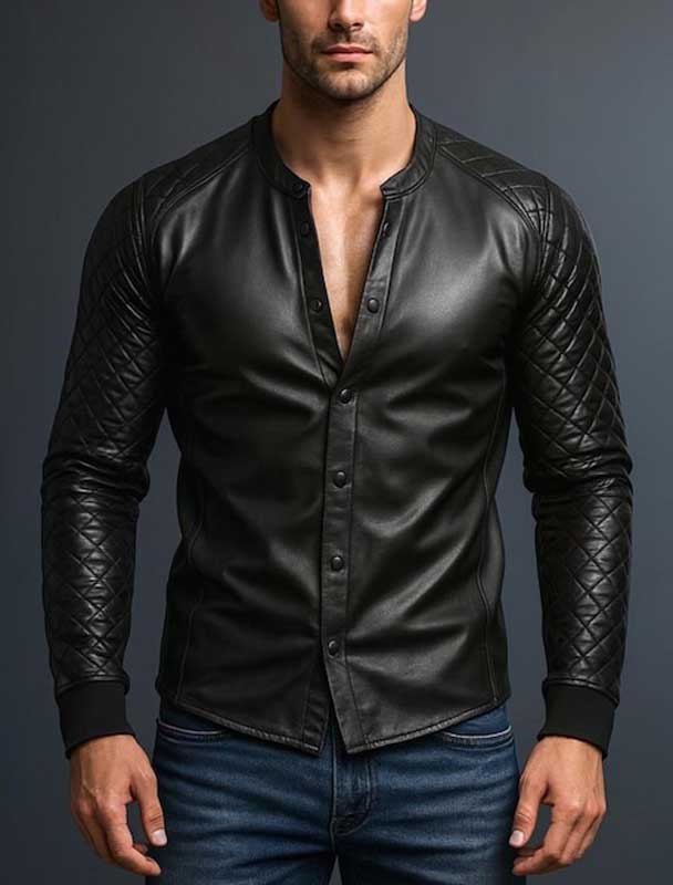 Handmade Slim Fit Quilted Genuine Sheepskin Leather Shirt for Men