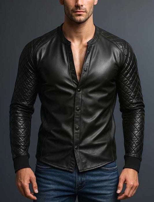 Handmade Slim Fit Quilted Genuine Sheepskin Leather Shirt for Men - 3amoto shop