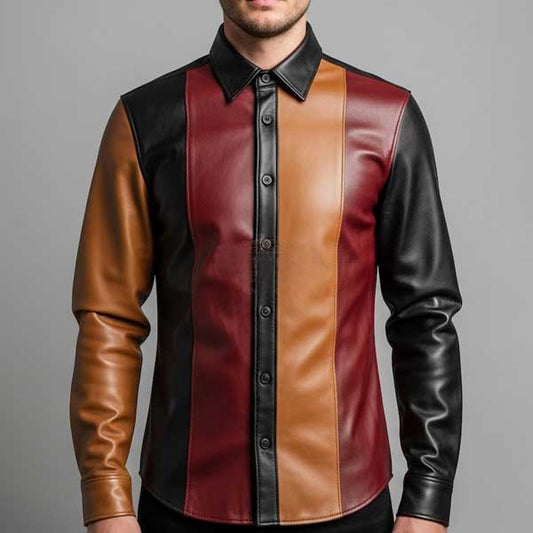 Handmade Tri Color Genuine Leather Shirt for Men - 3amoto shop