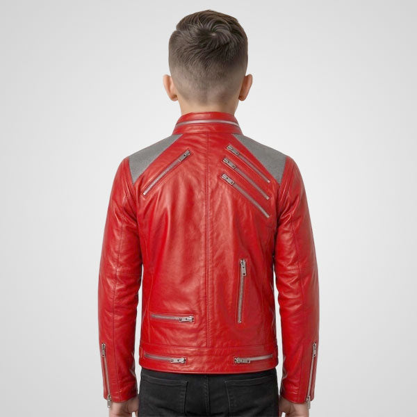 Handmade boys red genuine leather biker jacket