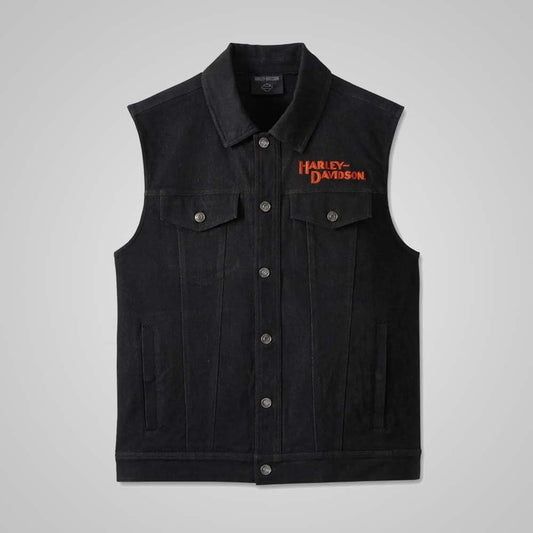 Harley-Davidson Men’s Black Denim Vest with Whiplash Embroidery – Front View - 3amoto shop