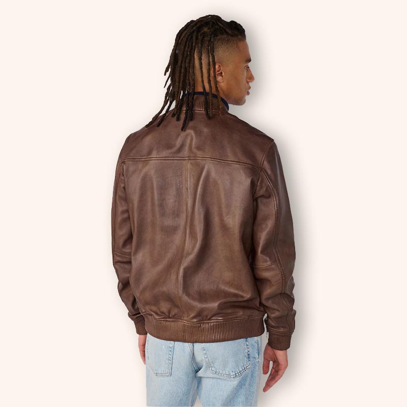 Men's Dark Brown Harrington Leather Bomber Jacket - 3amoto