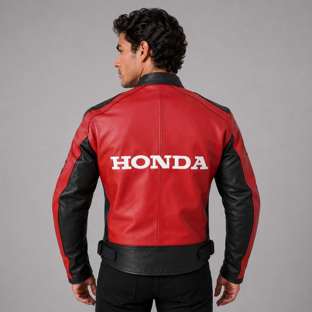 Honda Red Unique Wing Motorcycle Racing Cowhide Leather Jacket