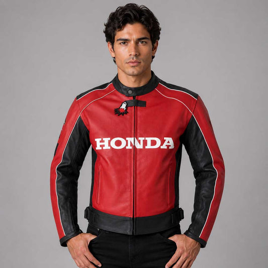 Honda Red Unique Wing Motorcycle Racing Cowhide Leather Jacket - 3amoto shop