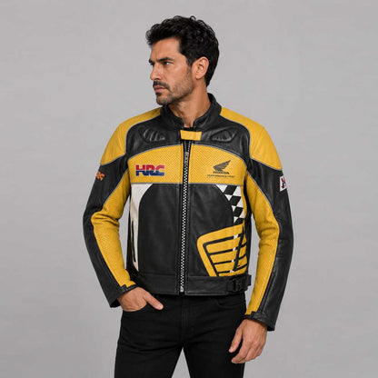 Honda Black Yellow Motorcycle Racing Leather Jacket
