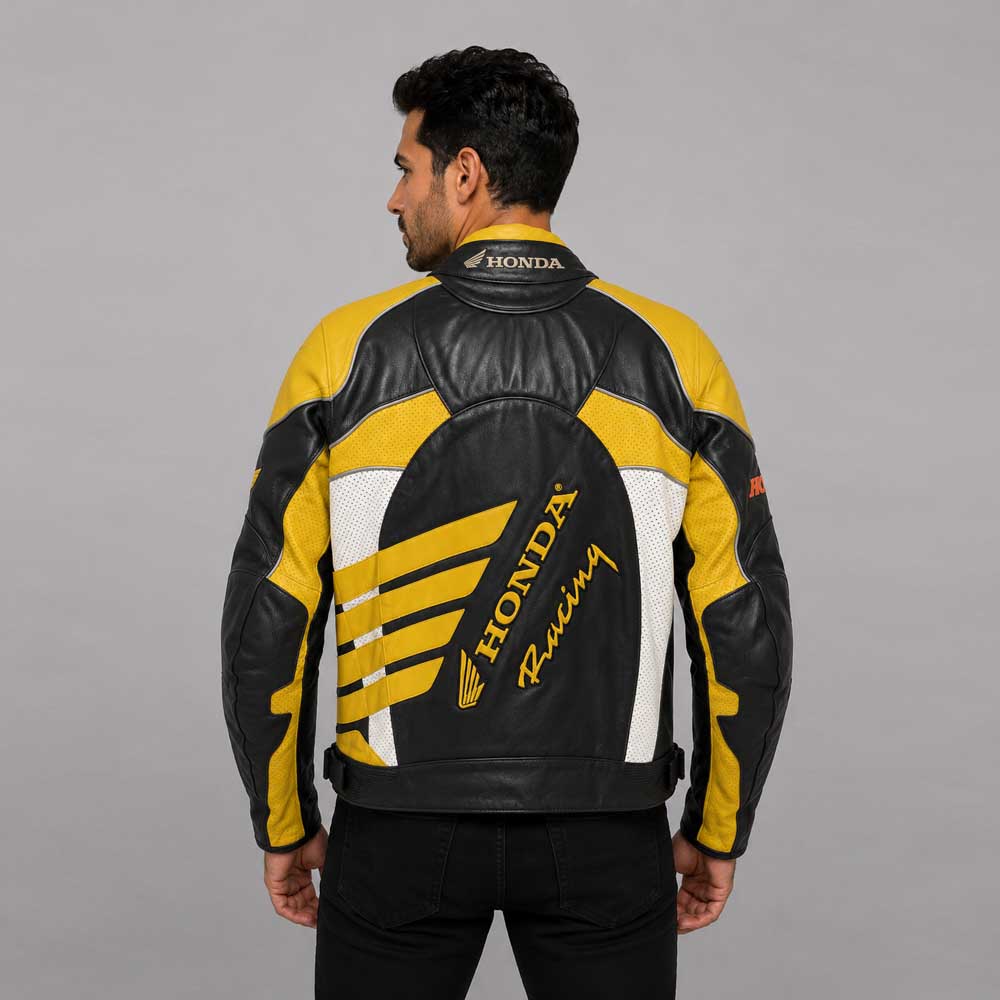 Honda Black Yellow Motorcycle Racing Leather Jacket