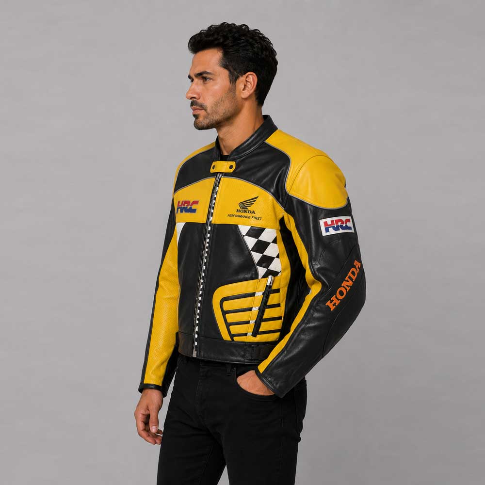 Honda Black Yellow Motorcycle Racing Leather Jacket