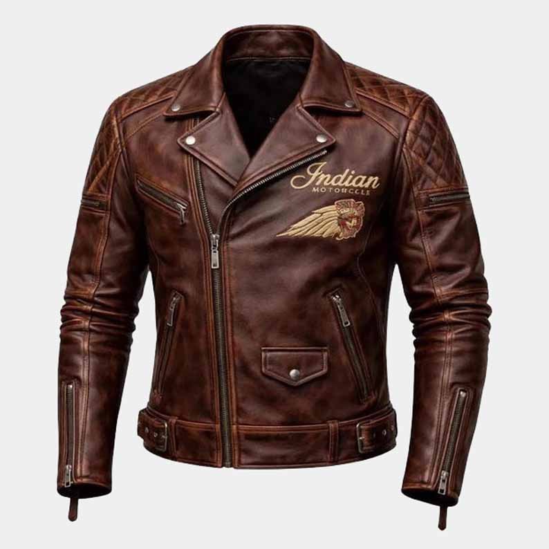 Indian men's distressed brown cowhide leather motorcycle jacket with embroidered front logo