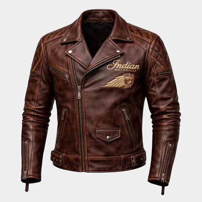 Indian men's distressed brown cowhide leather motorcycle jacket with embroidered front logo