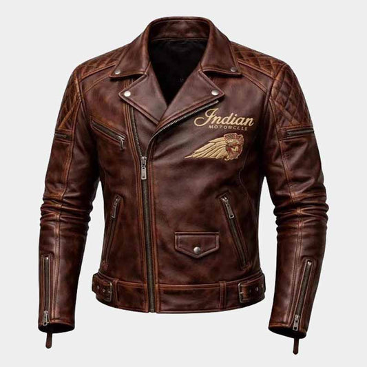Indian men's distressed brown cowhide leather motorcycle jacket with embroidered front logo - 3amoto shop