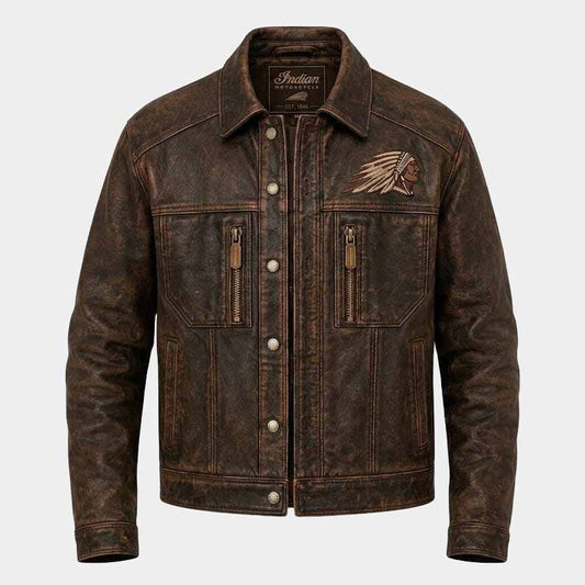 Indian men's distressed brown cowhide leather motorcycle jacket with embroidered logo - 3amoto shop