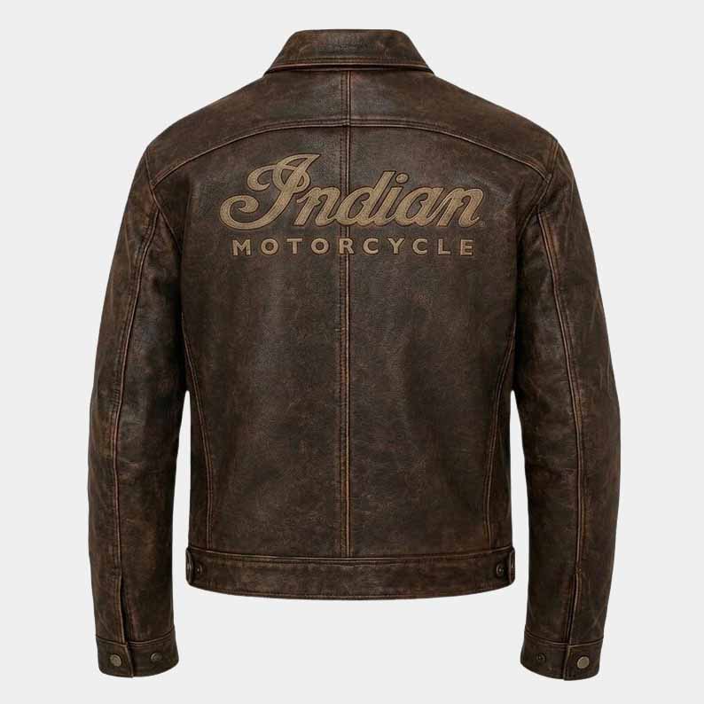 Distressed brown riding jacket with snap button storm flap