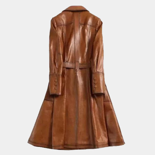 Italian Style Wax Tan Long Leather Trench Coat - 3amoto