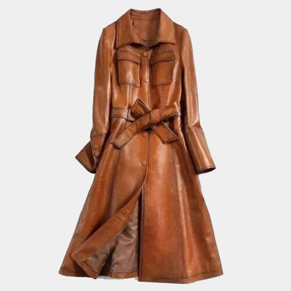 Italian Style Wax Tan Long Leather Trench Coat - 3amoto