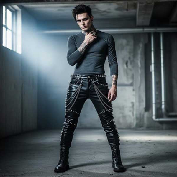 Men black leather punk pant with chain and stud detail front view