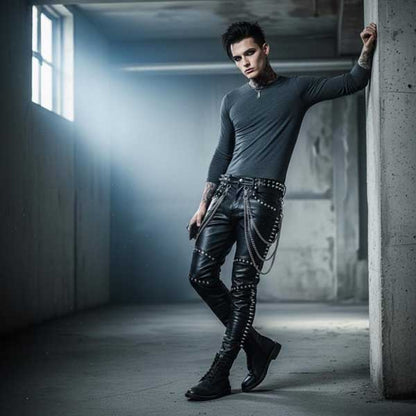 Gothic black leather pant with heavy metal chain styling