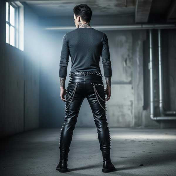 Side view of men biker leather punk pant in black leather