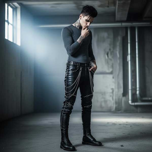 Back view of studded black leather gothic biker pant