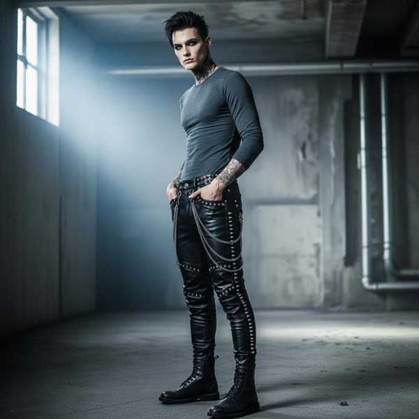 Men gothic streetwear leather pant with slim fit style